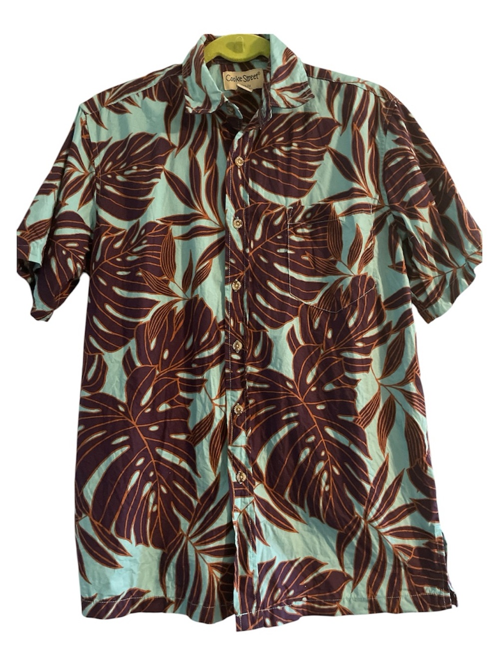 Casual Hawaiian Short-Sleeve Button-Down Shirt in Aqua & Brown by Cookie Street